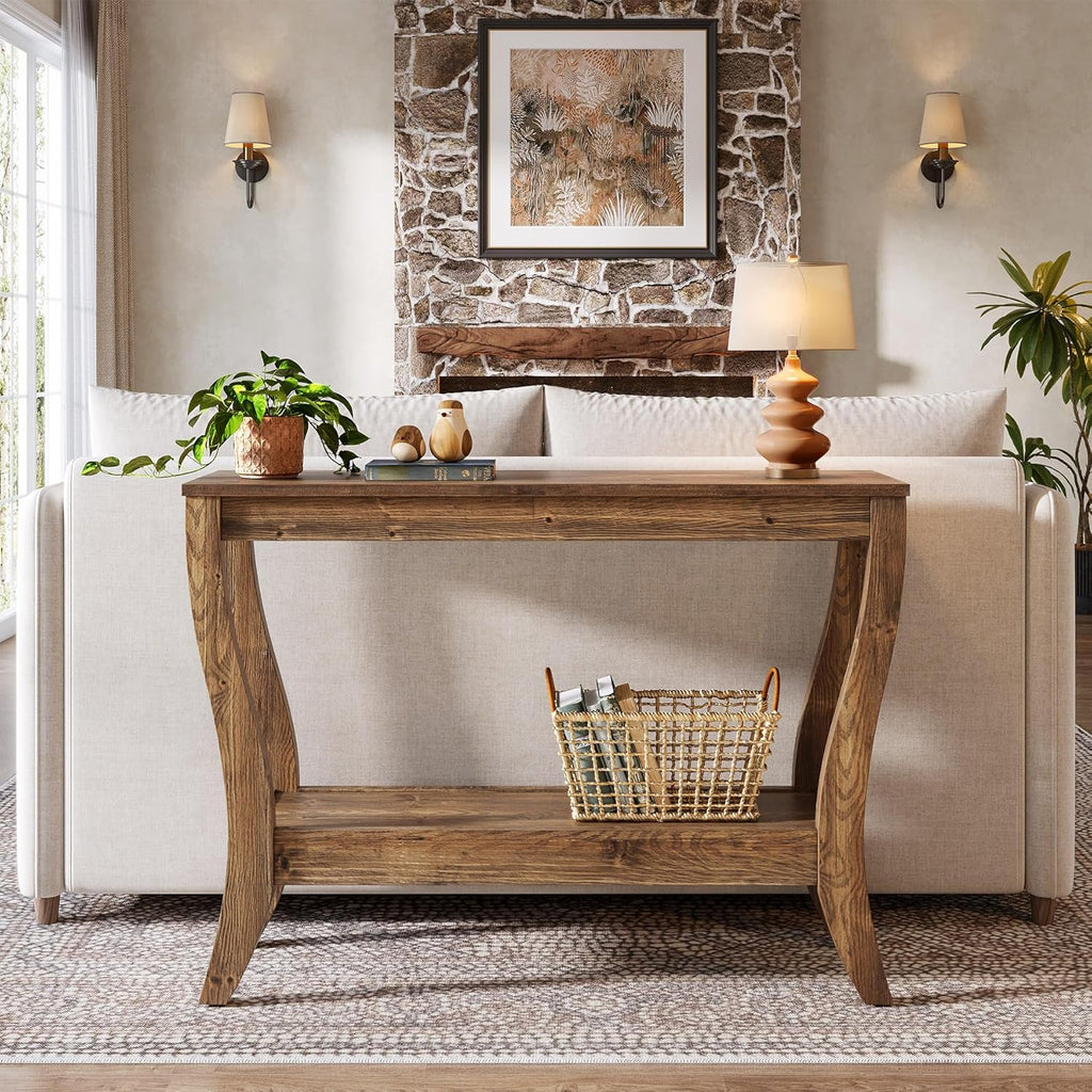Solid Wood Console Table for Entryway, 41.3-Inch Farmhouse Sofa Table with Storage, 2-Tier Wooden Entrance Table for Living Room, Hallway, Foyer, (Brown)