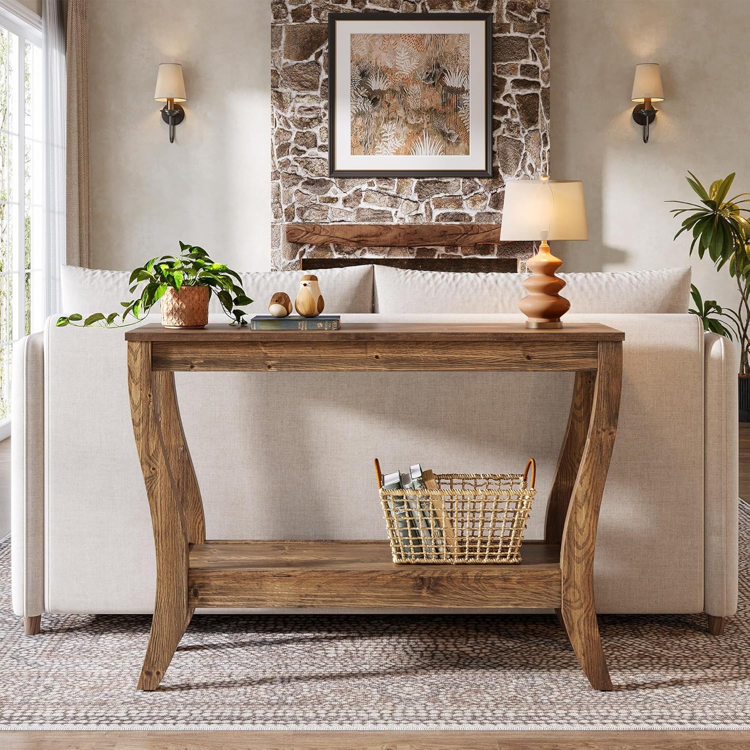 Solid Wood Console Table for Entryway, 41.3-Inch Farmhouse Sofa Table with Storage, 2-Tier Wooden Entrance Table for Living Room, Hallway, Foyer, (Brown)
