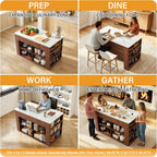 59" Kitchen Island with Storage & Seating for 2, Modern Stationary Kitchen Island with Faux Marble Top, 2 Drawers, Open Shelves & 5 Hooks, Counter Height Prep Table for Dining & Kitchen (Walnut)
