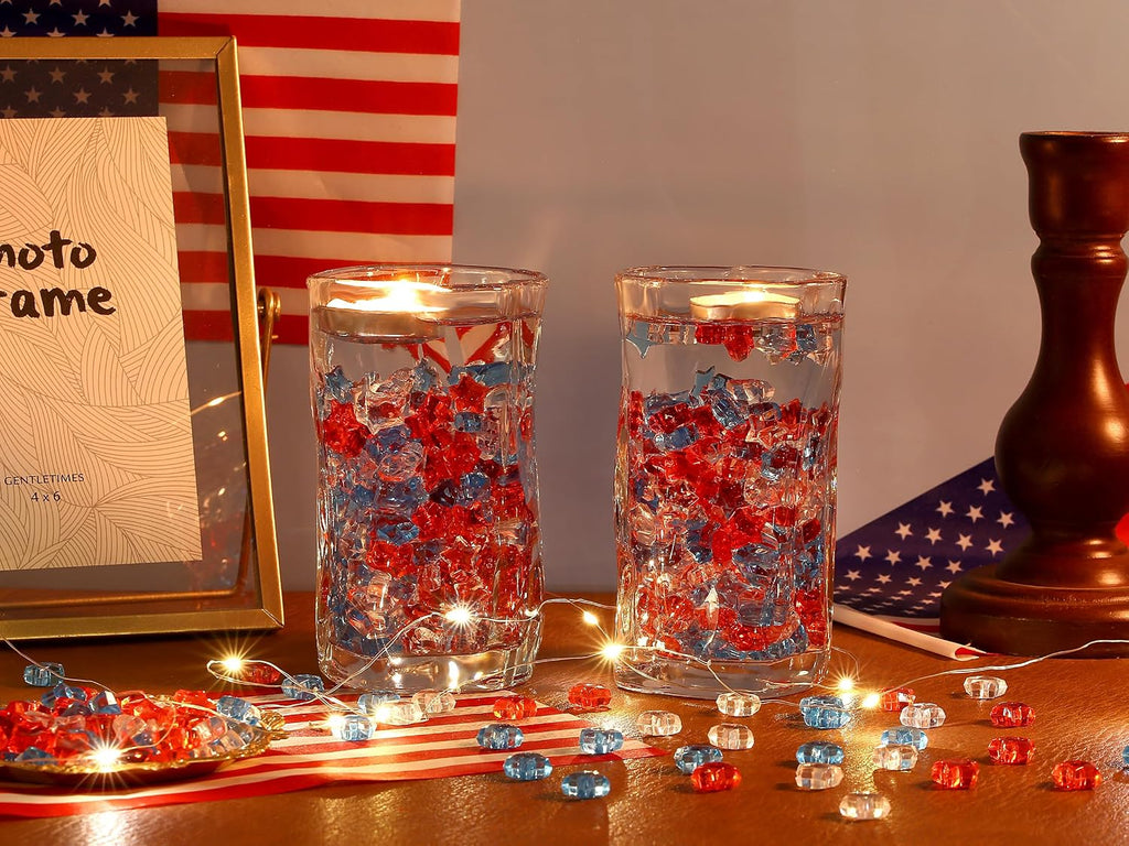 LAIDANLA 500PCS Red White Blue Acrylic Star Gems Vase Fillers, Patriotic Decorative Fake Crystals Gems Table Scatter for Independence Day Decor 4th of July Party DIY Crafts Home Decorations