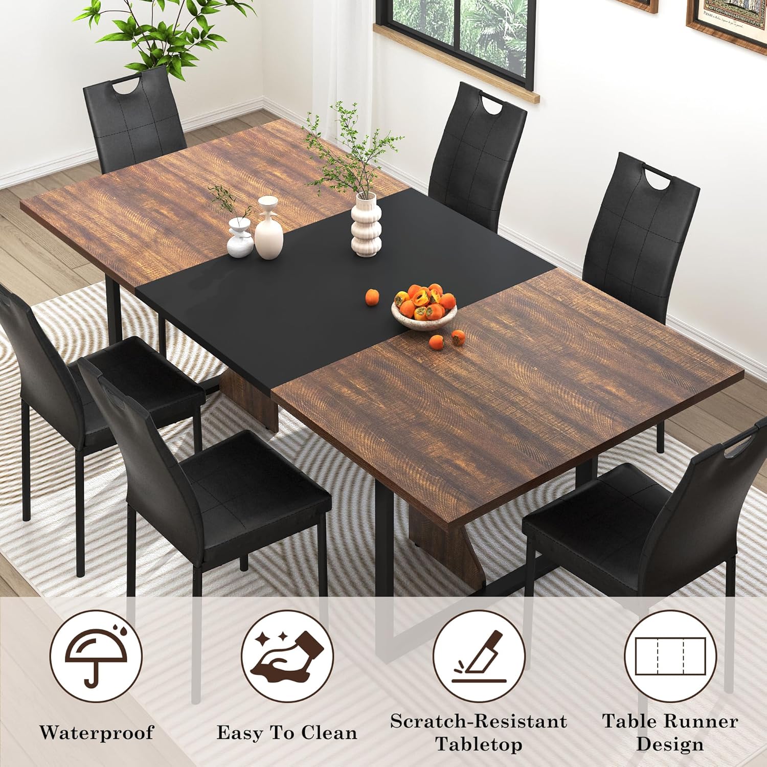 70IN Large Dining Table for 4 5 6 People,Farmhouse Kitchen Dinner Table W/Brown Wood Waterpoof Tabletop,Rectangular Family 6FT Dining Tables w/Adjustable Leg for Office Home Living Dining Room