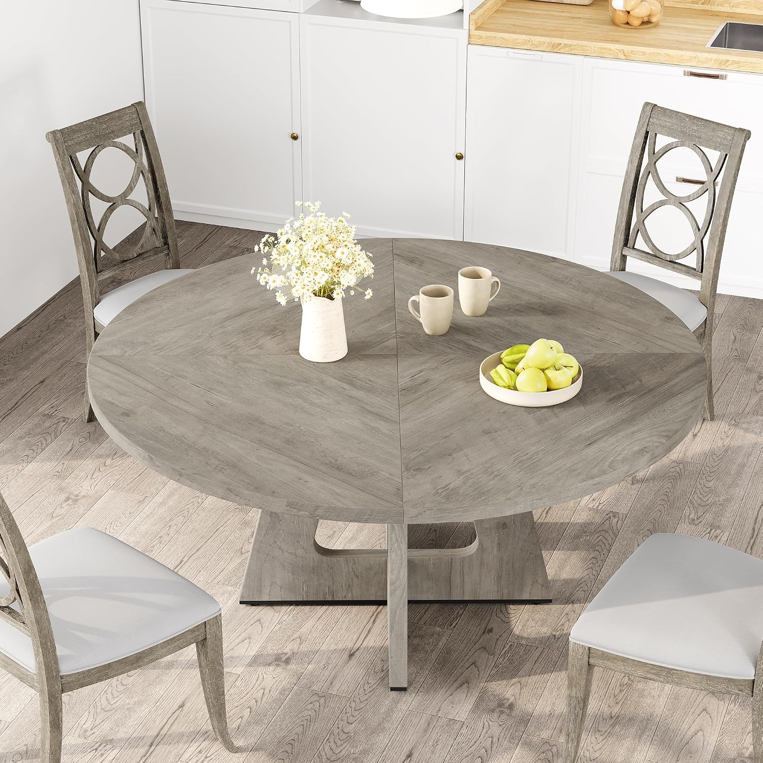 47" Round Farmhouse Dining Table, Seats 4–6, Wood Top & Legs, Sturdy Kitchen Table for Home, Dining Room, or Living Room – Grey (No Chairs)