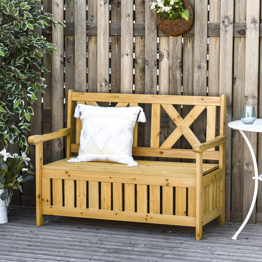 Patio Wooden Bench with Storage Box, 29 Gallon Outdoor Storage Bench, Large Entryway Deck Box w, Unique X Shape Back, for Deck, Porch Balcony, Yellow