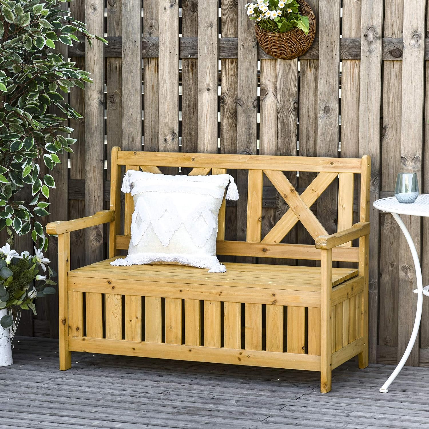 Patio Wooden Bench with Storage Box, 29 Gallon Outdoor Storage Bench, Large Entryway Deck Box w, Unique X Shape Back, for Deck, Porch Balcony, Yellow