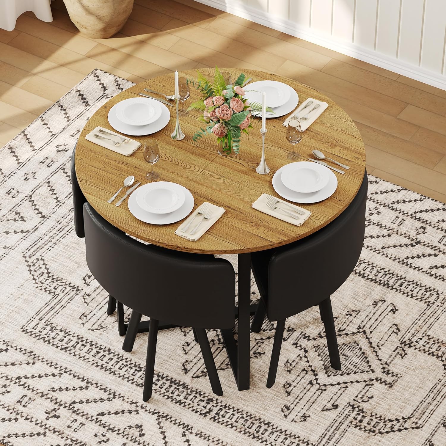 39.5" Round Dining Table Set for 4, 5 Piece Dining Table Set with 4 Tuck-Under Chairs, Farmhouse Kitchen Table Chairs Set, Space Saving Wood Round Dining Room Table Set for Apartments,Home