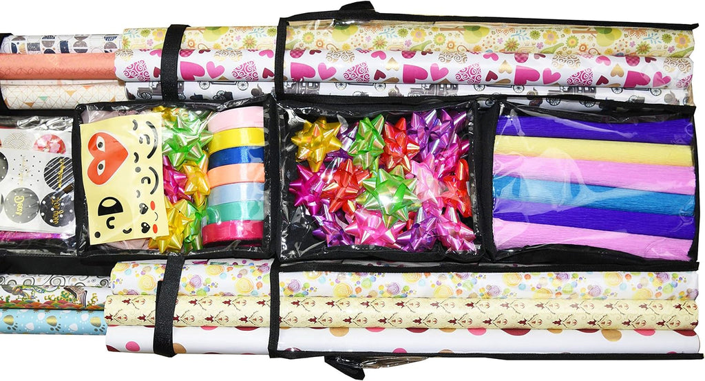 Freegrace Double-Sided Hanging Gift Wrap Organizer - Large 16 x 41 Inch Wrapping Paper Storage Bag - Tearproof 600D Oxford Closet Gift Bag & Ribbon Organization Storage Caddy, Beige (Black)