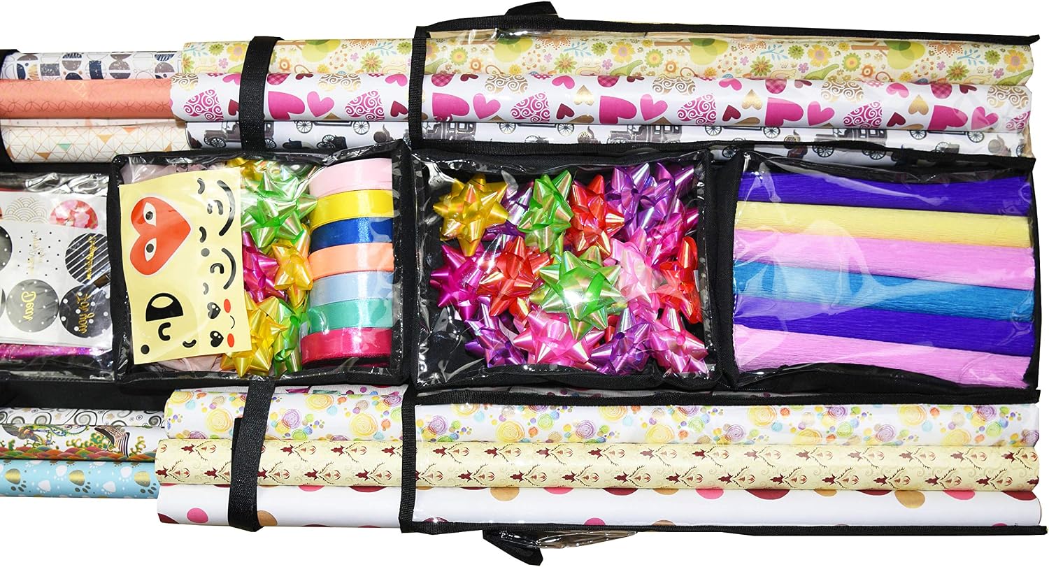 Freegrace Double-Sided Hanging Gift Wrap Organizer - Large 16 x 41 Inch Wrapping Paper Storage Bag - Tearproof 600D Oxford Closet Gift Bag & Ribbon Organization Storage Caddy, Beige (Black)