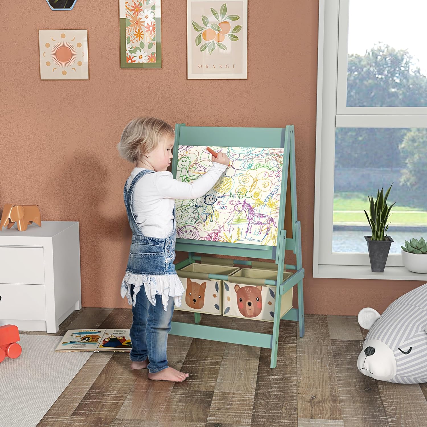 Art Easel for with Paper Roll, 3 in 1 Toddler Painting Easel with Blackboard, Whiteboard, Storage Baskets, Green LB862