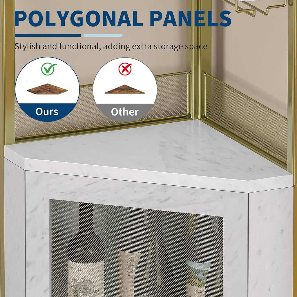 GarveeHome Corner Wine Cabinet with Detachable Wine Rack, 5-Tier Industrial Corner Bar Cabinet with Barn Door and Glass Holder, Farmhouse Buffet Cabinet and Home Bar, Gold