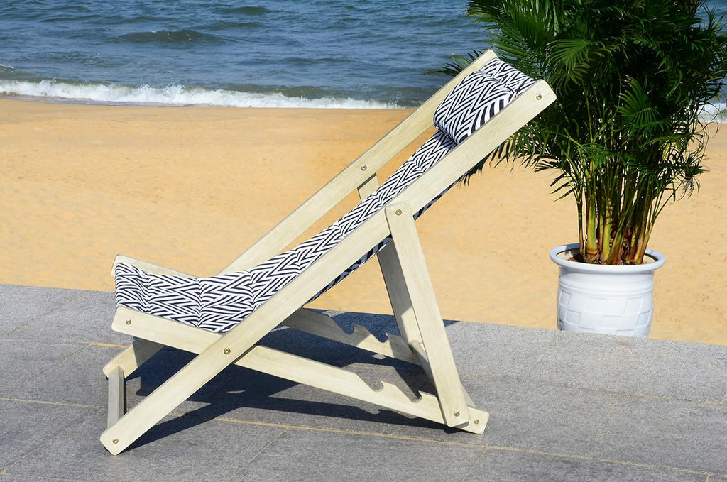 SAFAVIEH Outdoor Collection Rive White Wash and Navy Foldable Sling Chair