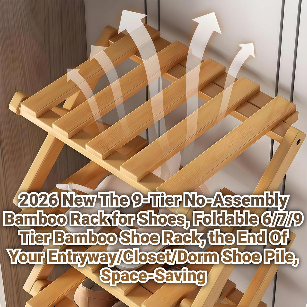 2026 New The 9-Tier No-Assembly Bamboo Rack for Shoes, Foldable 6/7/9 Tier Bamboo Shoe Rack, The End of Your Entryway/Closet/Dorm Shoe Pile, Space-Saving (Nature 9 Layers)