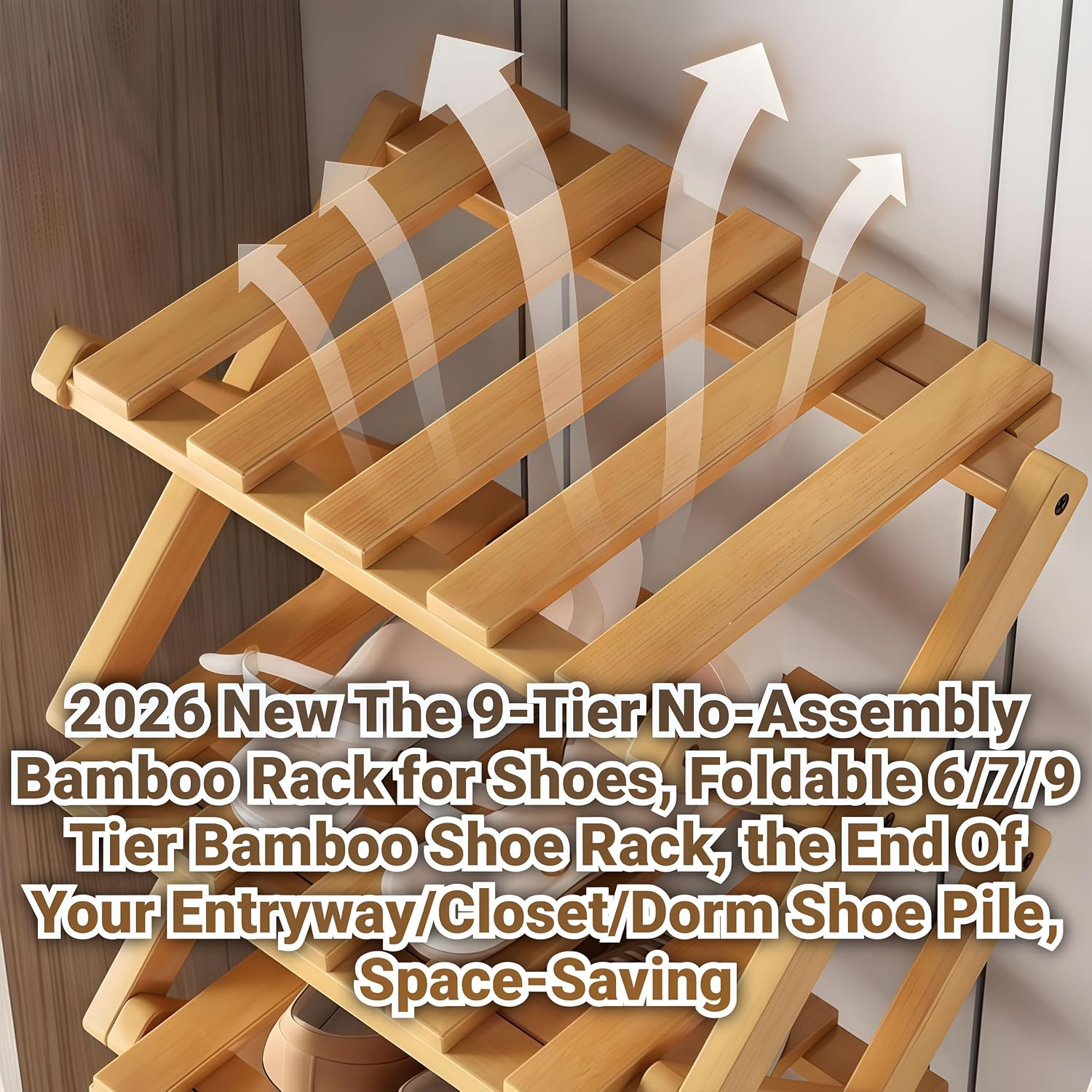 2026 New The 9-Tier No-Assembly Bamboo Rack for Shoes, Foldable 6/7/9 Tier Bamboo Shoe Rack, The End of Your Entryway/Closet/Dorm Shoe Pile, Space-Saving (Nature 9 Layers)