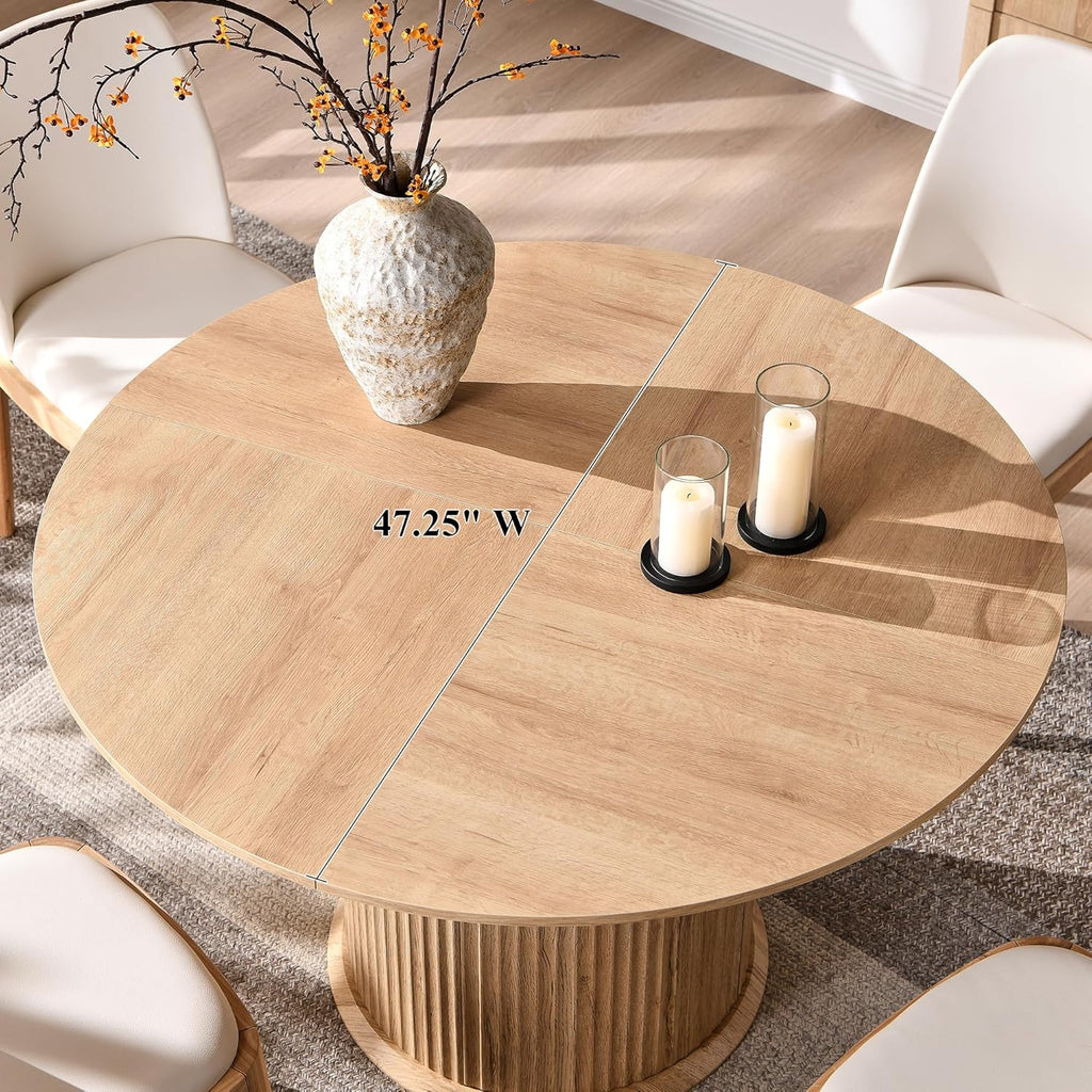 T4TREAM 47" Fluted Round Dining Table for 4-6, Mid-Century Modern Kitchen Table with Thickened Edge & Cylindrical Base for Dining Room, Kitchen, Living Room,Natural Oak(Table Only)