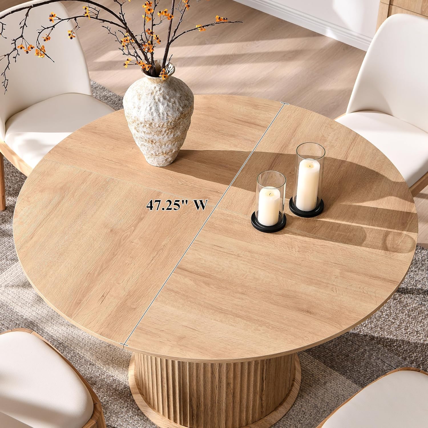 T4TREAM 47" Fluted Round Dining Table for 4-6, Mid-Century Modern Kitchen Table with Thickened Edge & Cylindrical Base for Dining Room, Kitchen, Living Room,Natural Oak(Table Only)
