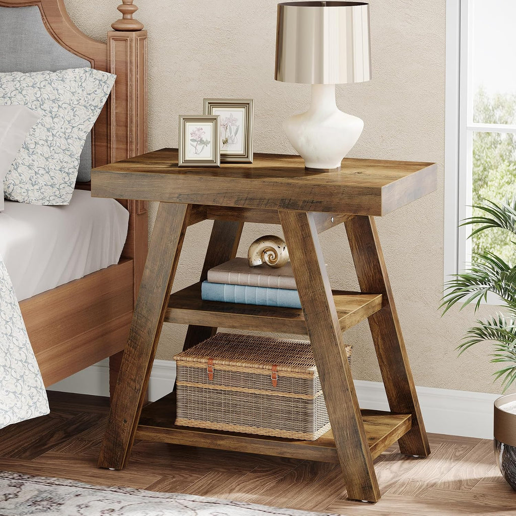 Tribesigns Farmhouse End Table, 3-Tier Wooden Sofa Side Table with Trapezoid Legs, Rustic Side Table for Couch, Vintage Bedside Nightstand for Bedroom, Living Room, Small Spaces, Rustic Brown