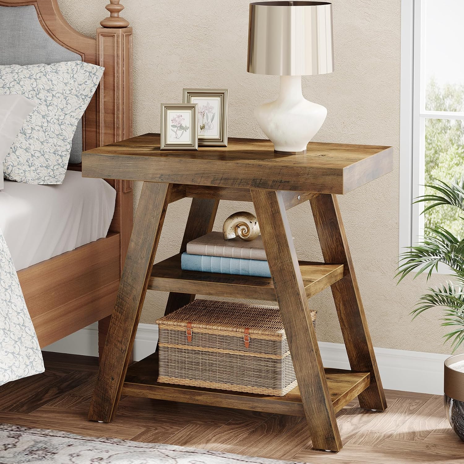 Tribesigns Farmhouse End Table, 3-Tier Wooden Sofa Side Table with Trapezoid Legs, Rustic Side Table for Couch, Vintage Bedside Nightstand for Bedroom, Living Room, Small Spaces, Rustic Brown