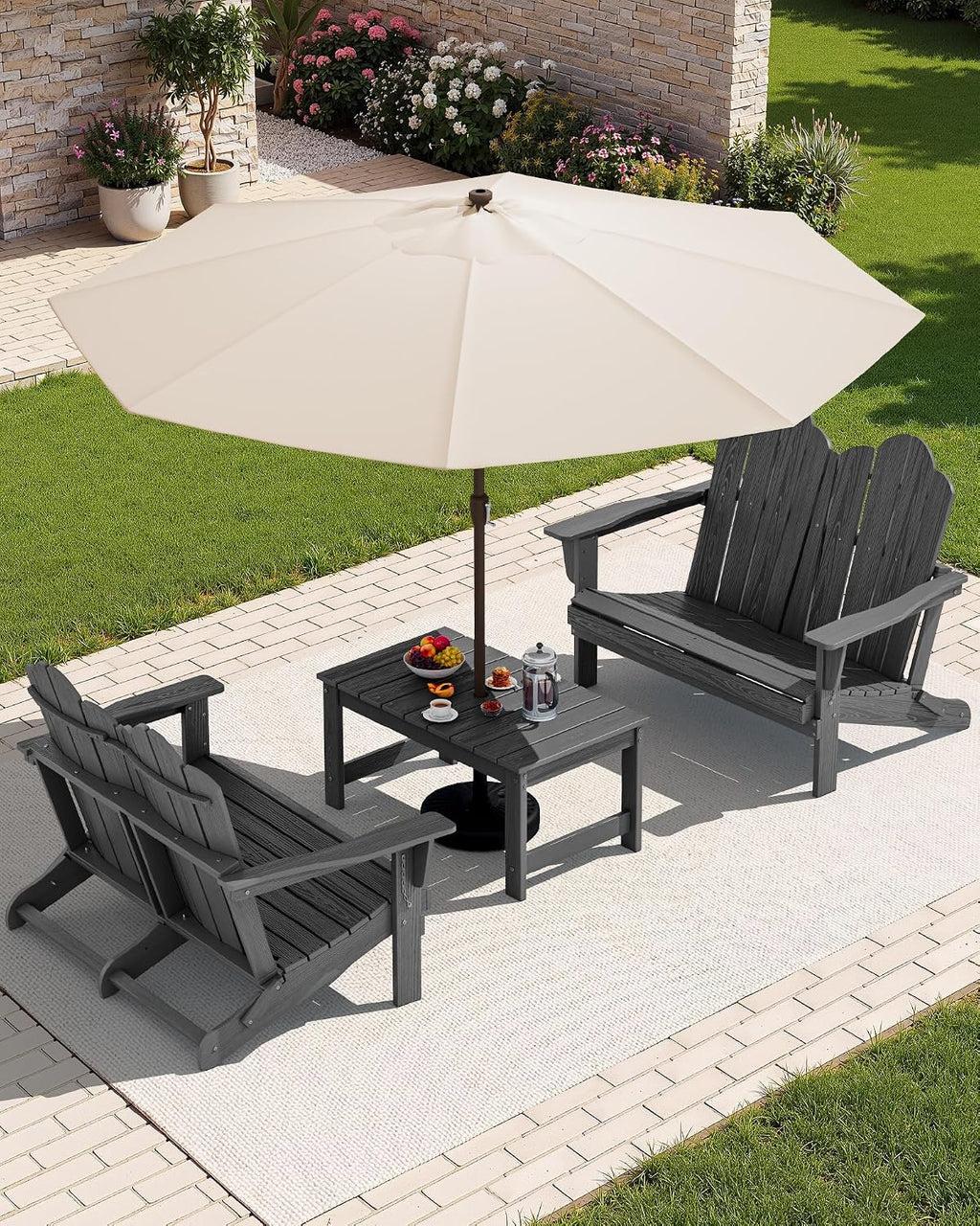 SERWALL Adirondack Bench, HDPE All-Weather Adirondack Loveseat, Outdoor Adirondack Chair for 2, Grey