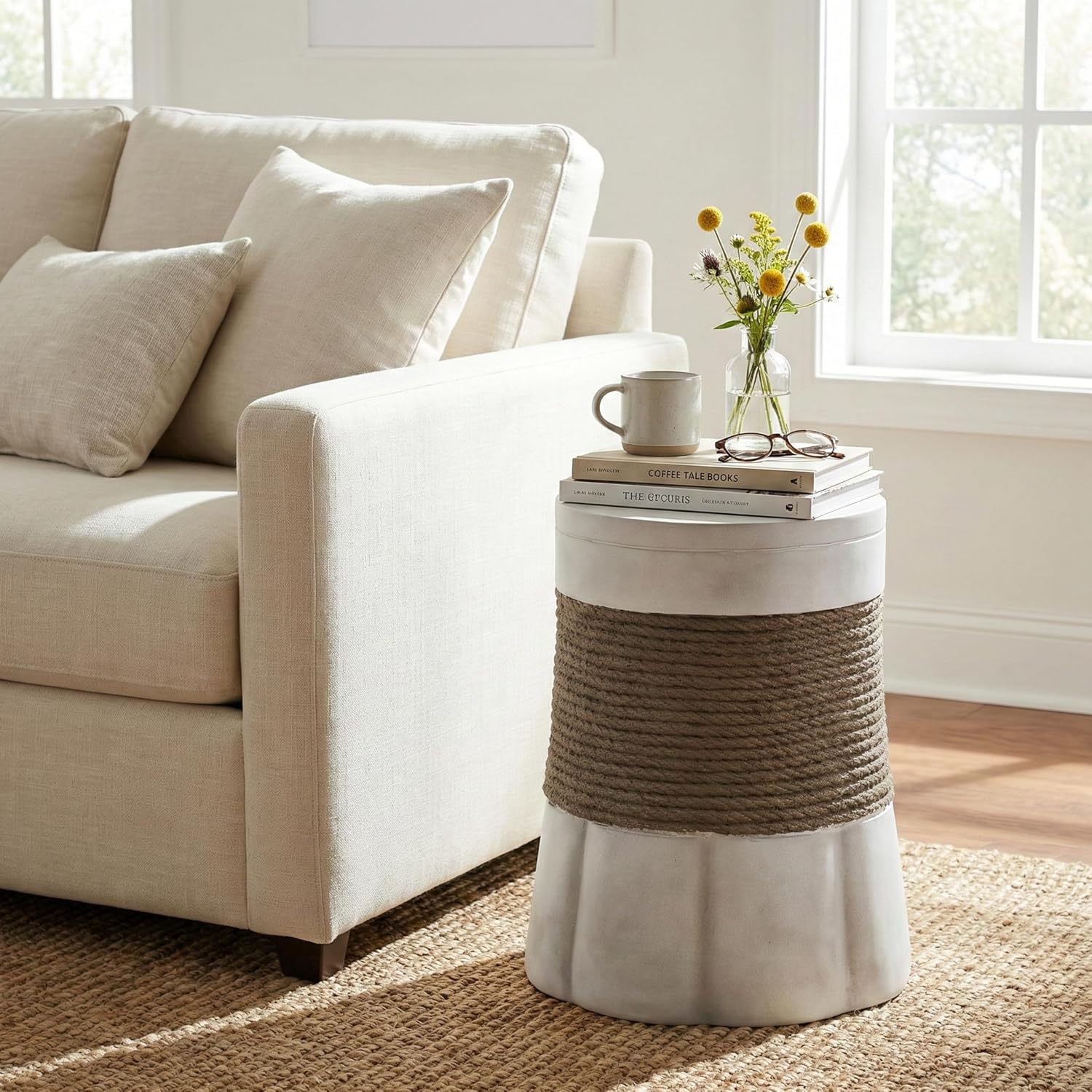JIJIWANG 16.93" H Outdoor Stone Side Tables for Patio, Moden Coffee Table with Brown Retro Woven Rope and Fan-Base MGO, Small End Table for Home, Office, Living Room & Outdoor Brown+Gray