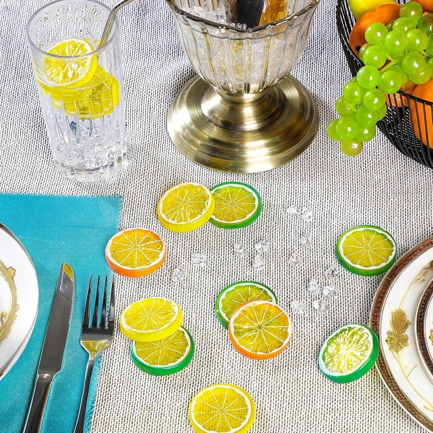 300 Pieces Clear Fake Crushed Ice Cubes Rocks and 20 Pieces Simulation Lemon Slices, Artificial Fruits and Acrylic Diamonds Clear Ice for Vase Fillers Table Centerpiece Decor Wedding (1.6 x 0.3 Inch)