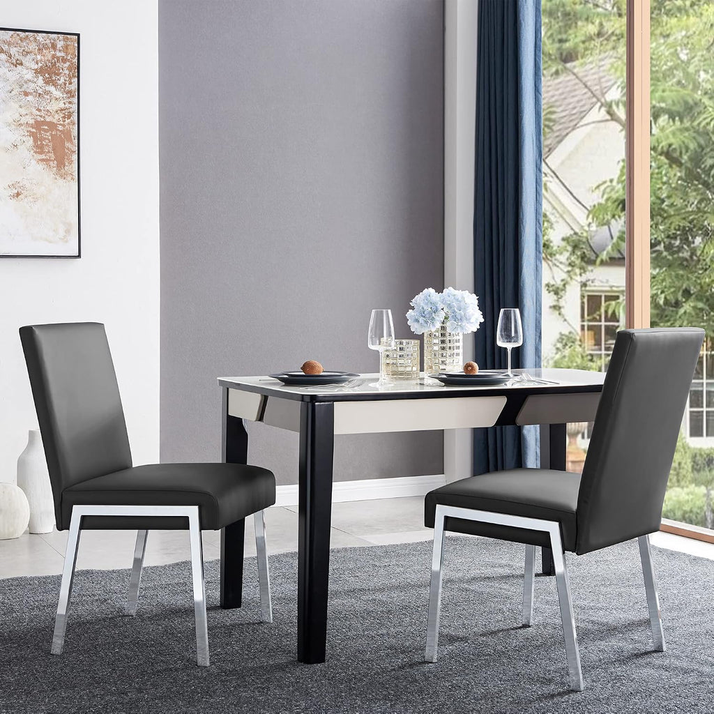 Modern Dining Chair Set of 2, Comfortable Dining Chair with Thick Cushions, Upholstered Leather Kitchen Side Chair with Metal Feet for Home, Kitchen, Living Room, Dining Room and Cafeteria, Black
