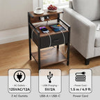 Industrial Nightstand with USB Charging Port, Narrow End Side Table with Fabric Drawer & Storage Shelf for Bedroom Living Room