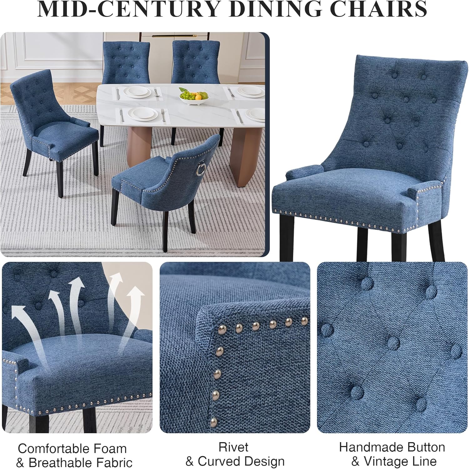 adochr Dining Chairs Set of 4, Upholstered Fabric Dining Room Chairs with Nailhead High Back & Ring Pull & Wooden Legs, Mid-Century Modern Kitchen Chairs for Restaurant, Living Room, Navy Blue