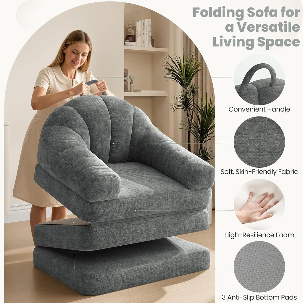 Yaheetech 93" Folding Sofa Bed Convertible Sofa 2 in 1 Sleeper Chair Bed Foldable Couch with Handle Chenille Couch for Living Room, Bedroom, Apartment Gray