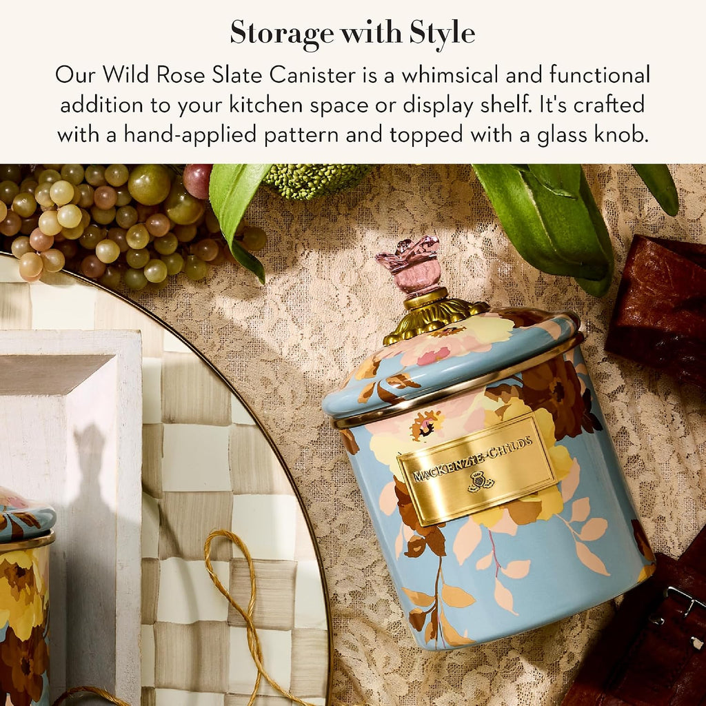 MACKENZIE-CHILDS Enamel Canister, Kitchen Storage Container with Lid, Small, 38-Ounce Capacity, Wild Rose Slate