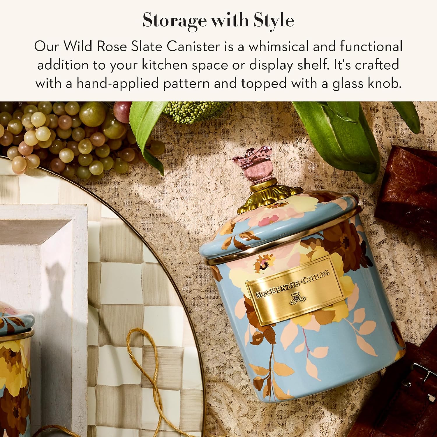 MACKENZIE-CHILDS Enamel Canister, Kitchen Storage Container with Lid, Small, 38-Ounce Capacity, Wild Rose Slate