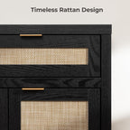 SICOTAS Rattan Sideboard Buffet Cabinet with Storage, Boho Credenza Accent Cabinet with 3 Doors and 2 Drawers, Farmhouse Console Coffee Bar Cabinets for Living Room Kitchen Entryway, Black Oak, 2 PCS