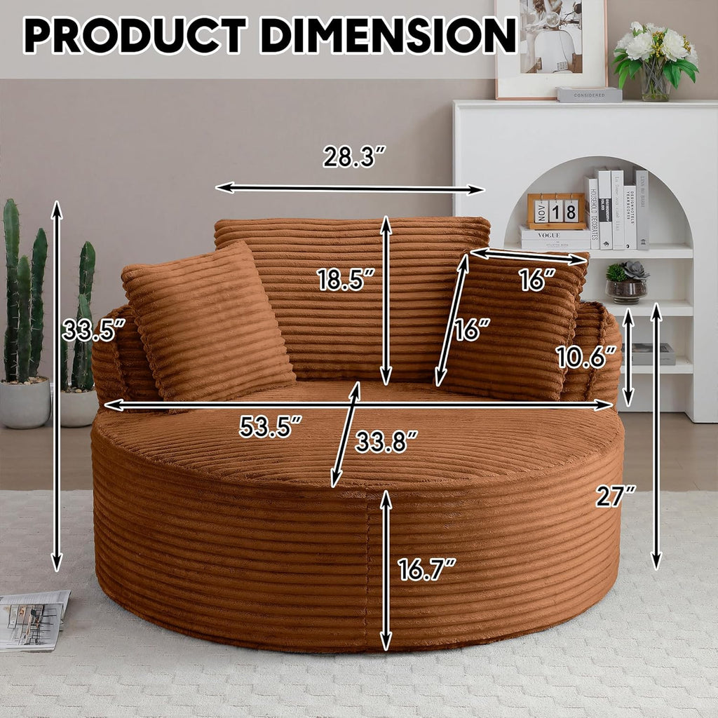Oversized Round Chair Lounge Chaise Indoor, 53.5" Upholstered Corduroy Deep Seat Single Cloud Sofa Chair, Fluffy Modern Large Circle Boneless Sleeper Sofa for Living Room, Bedroom, Orange
