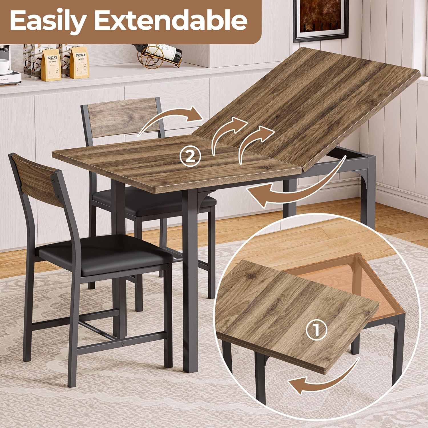 IRONCK 5-Piece Dining Table Set for 4, Extendable Kitchen Table Chairs Set of 4, Dining Room Table with 4 Upholstered Chairs, Folding for Small Space, Apartment, Walnut