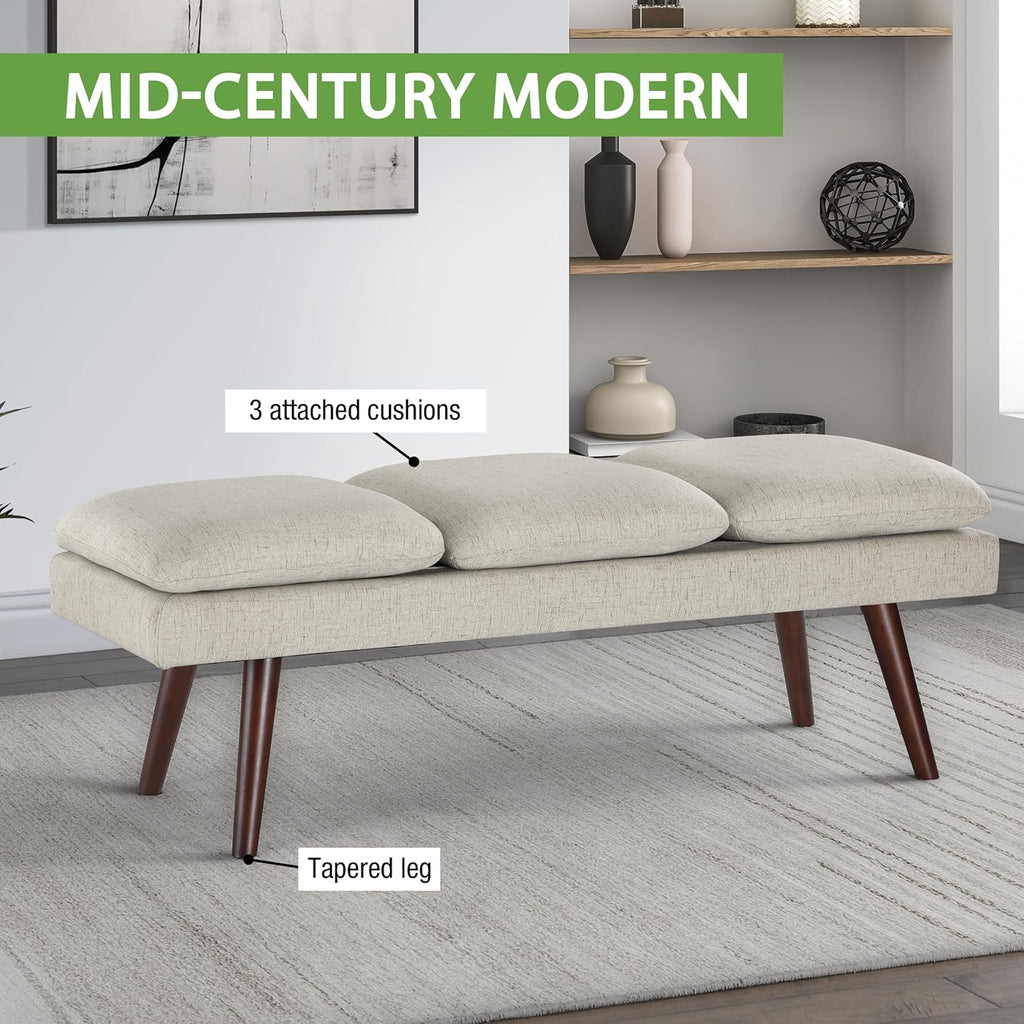 OSP Home Furnishings Amanda Mid-Century Modern Upholstered Bench with Solid Wood Tapered Legs, 54-inches, Linen Fabric