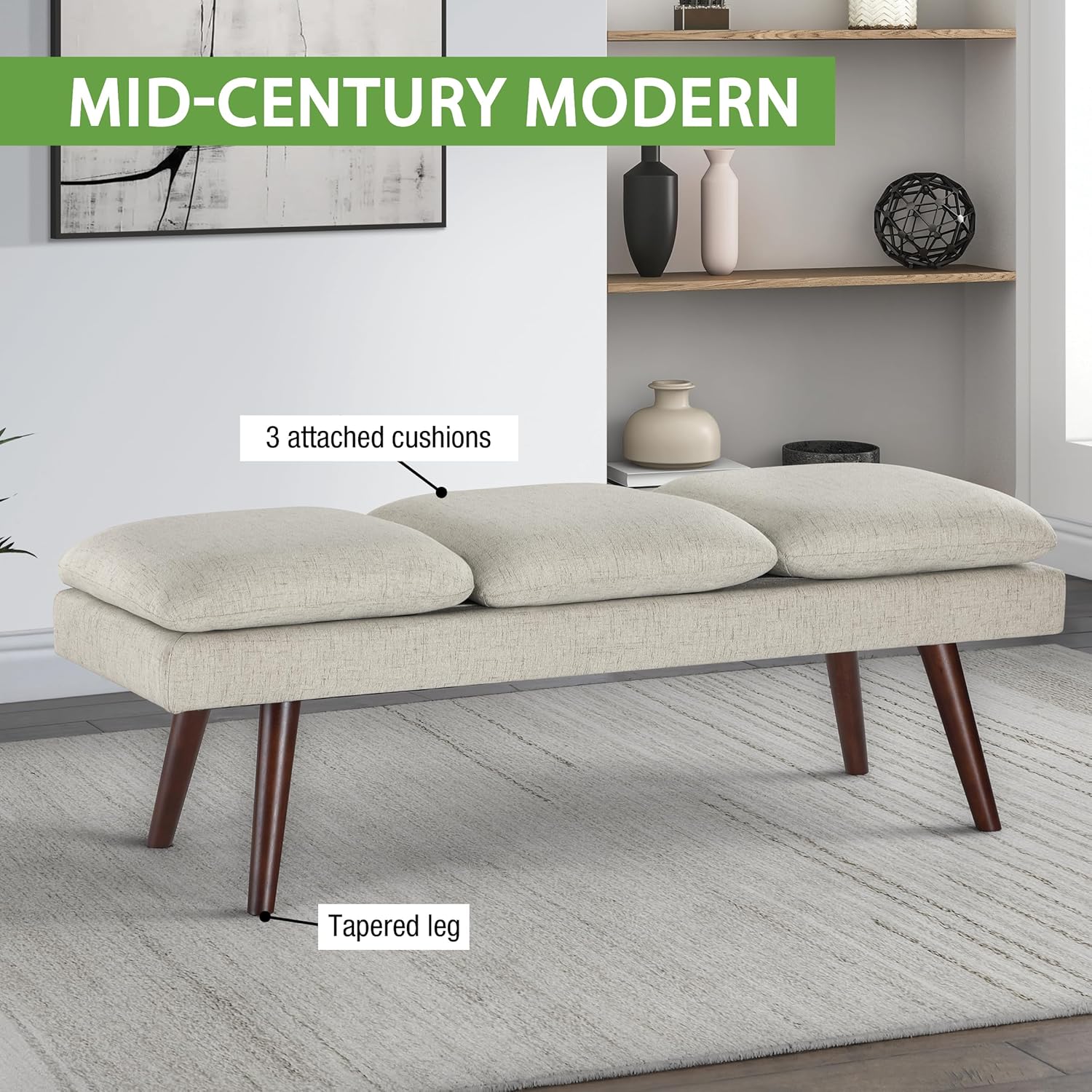 OSP Home Furnishings Amanda Mid-Century Modern Upholstered Bench with Solid Wood Tapered Legs, 54-inches, Linen Fabric