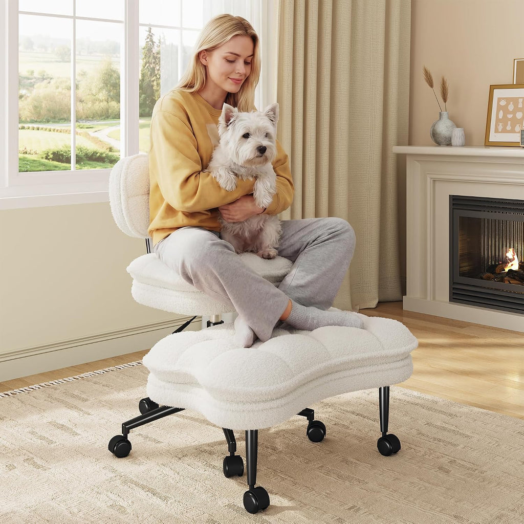 DurayLoly Cross Legged Office Chair, 360 Swivel, Folding Footrest, 5.12" Dual-Layer Plush Cushion, Height Adjustable, 300 lbs Capacity, Lumbar Support, Meditation Kneeling Chair, Off White