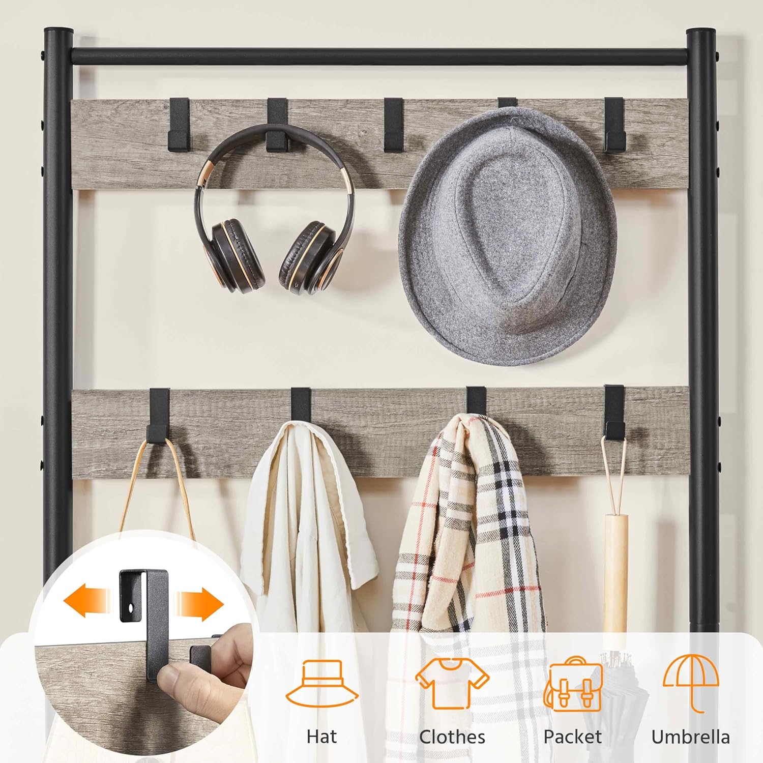 Yaheetech Coat Rack, Hall Tree with Shoe Bench, Entryway Shoe Storage with Coat Rack Stand, 9 Movable Hooks, Industrial Entryway Furniture, Gray
