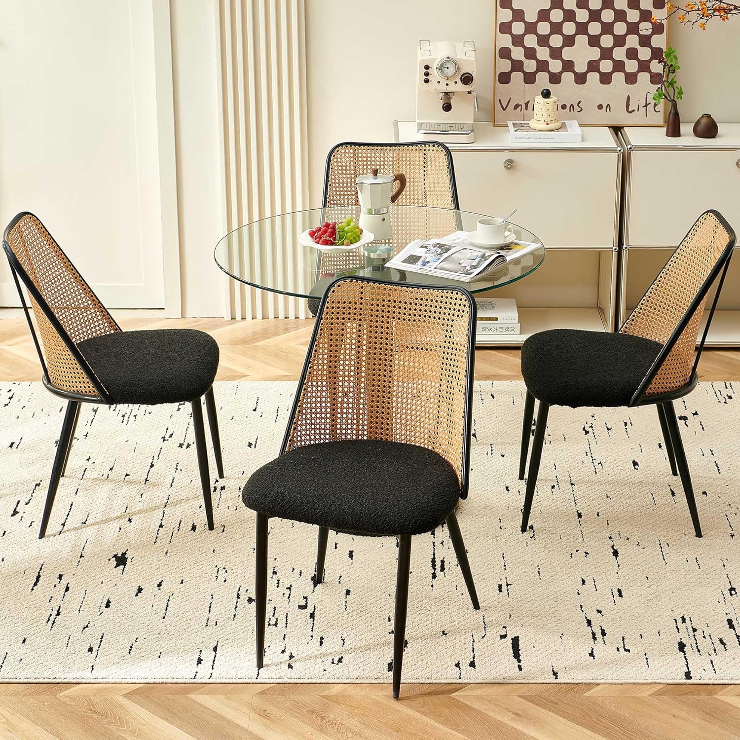 Homedot Modern Rattan Dining Chairs Black Set of 4, Upholstered Dining Room Chairs Boucle Woven Cane Kitchen Dining Accent Chairs for Reception Rooms, Restaurant