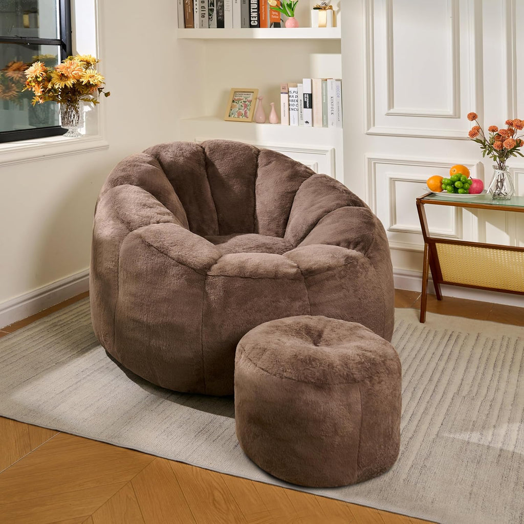 Bean Bag Chair, Bean Bag Chair with Ottoman, Stuffed Bean Bag Chairs with Filler, Big Beanbag Chairs with Filling for Living Room (Faux Fur in Brown, 40.6" D×41.4" W×27.6" H)