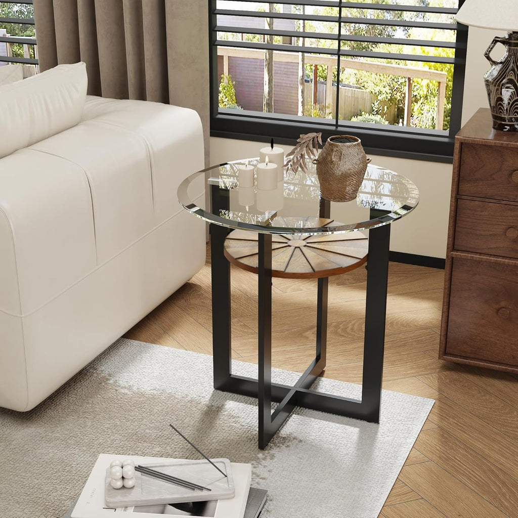 2-Tier Round End Side Table with 8mm Tempered Glass Top, Sofa Bedside Table with Cross Leg Metal Frame, 23.8"Dia x 24.4"H Circle Side Table with Wood Shelf for Living Room, Black Metal Leg CJZ-B2616-1
