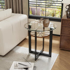 2-Tier Round End Side Table with 8mm Tempered Glass Top, Sofa Bedside Table with Cross Leg Metal Frame, 23.8"Dia x 24.4"H Circle Side Table with Wood Shelf for Living Room, Black Metal Leg CJZ-B2616-1