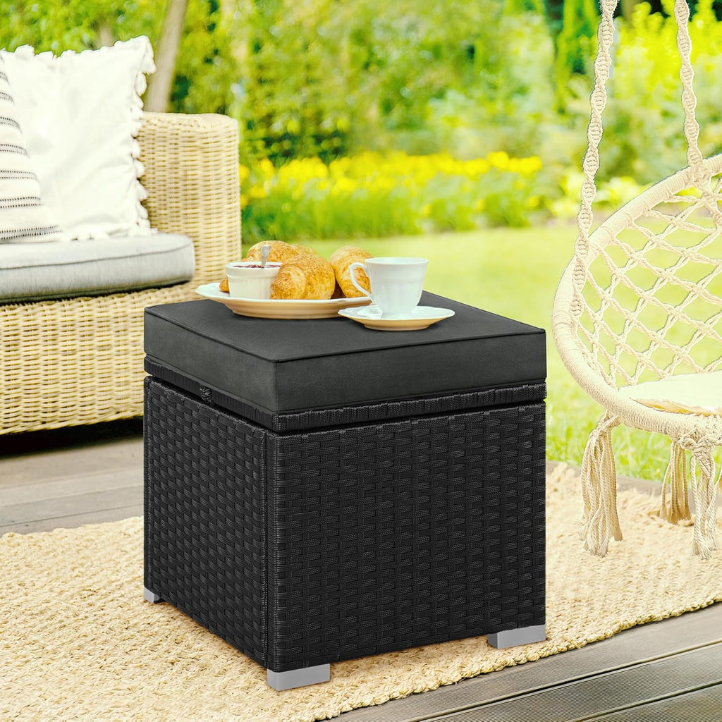 Yaheetech Wicker Ottomans, Set of 2 Patio PE Rattan Side Tables with Hidden Storage & Removable Cushion, Outdoor/Indoor Footstools, Additional Seating for Garden/Balcony/Yard, Black/Gray