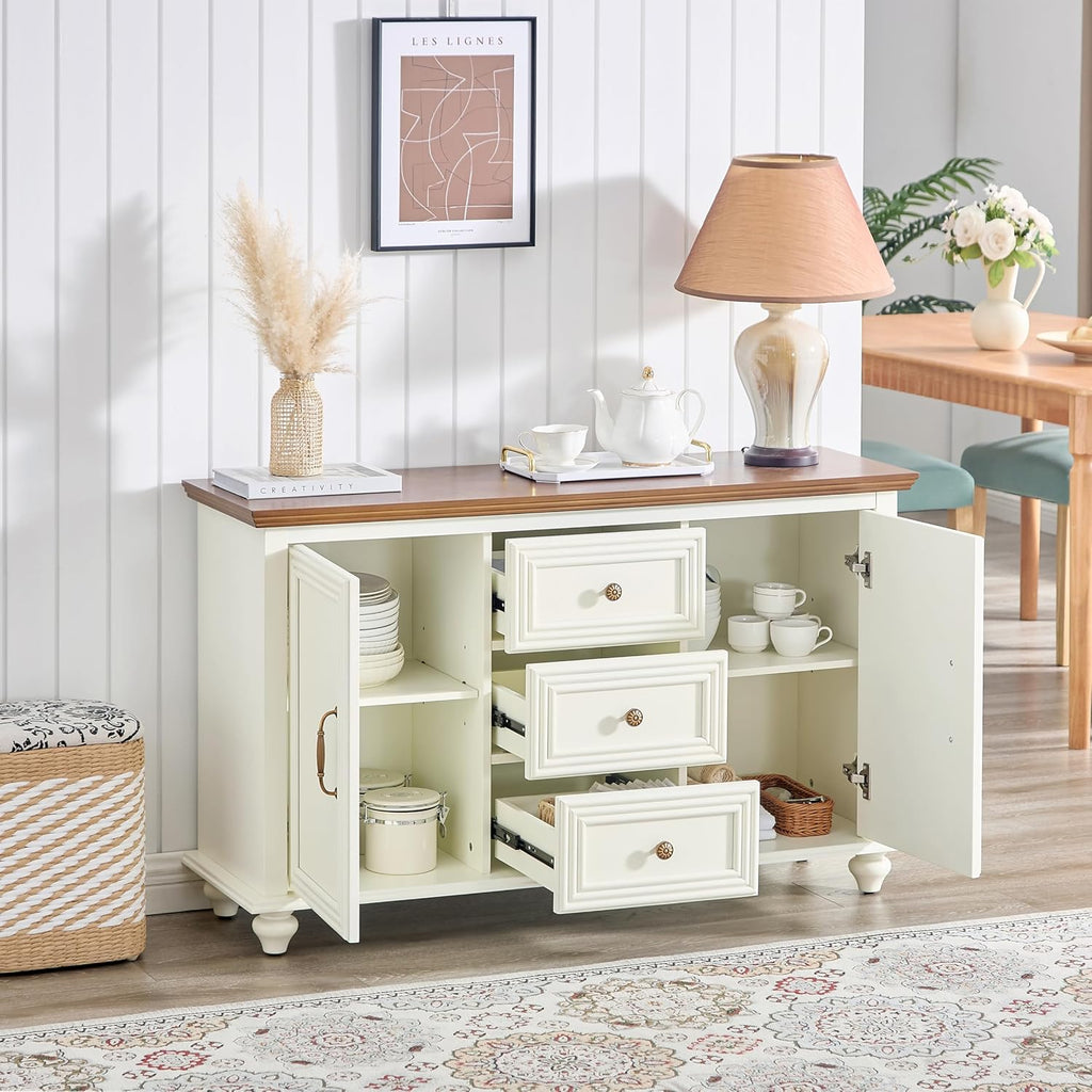 LKTART 47" Wood Sideboard Buffet Cabinet with Storage,Traditional Media Console with 2 Doors & 3 Drawers,Adjustable Shelves Credenza with Solid Wood Legs for Kitchen,Living Room,Brown+White