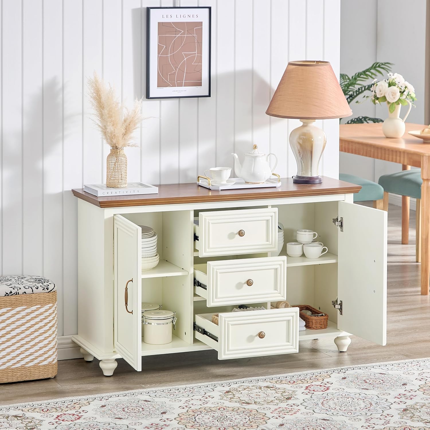 LKTART 47" Wood Sideboard Buffet Cabinet with Storage,Traditional Media Console with 2 Doors & 3 Drawers,Adjustable Shelves Credenza with Solid Wood Legs for Kitchen,Living Room,Brown+White