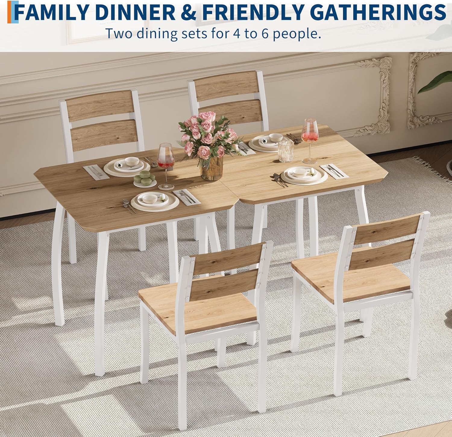 Garvee 3 Piece Dining Table Set for 2, Farmhouse Kitchen Table and Chair, Metal Frame Square Dining Room Table Set for Small Space, Apartment, Studio, White & Natural