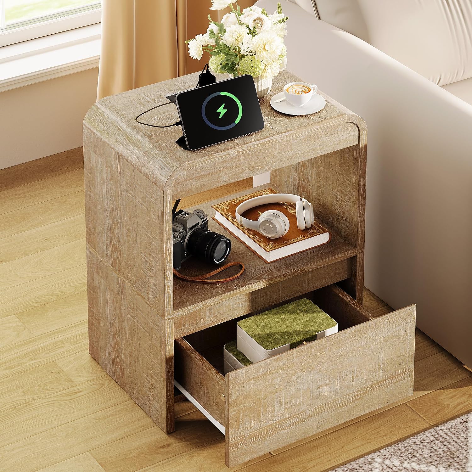 End Tables Living Room Set of 2, Bedside Table with Drawer and Storage, Set of 2, Nightstand with Charging Station, Wood End Table Curved Modern Night Stand for Bedroom, Living Room, Natural
