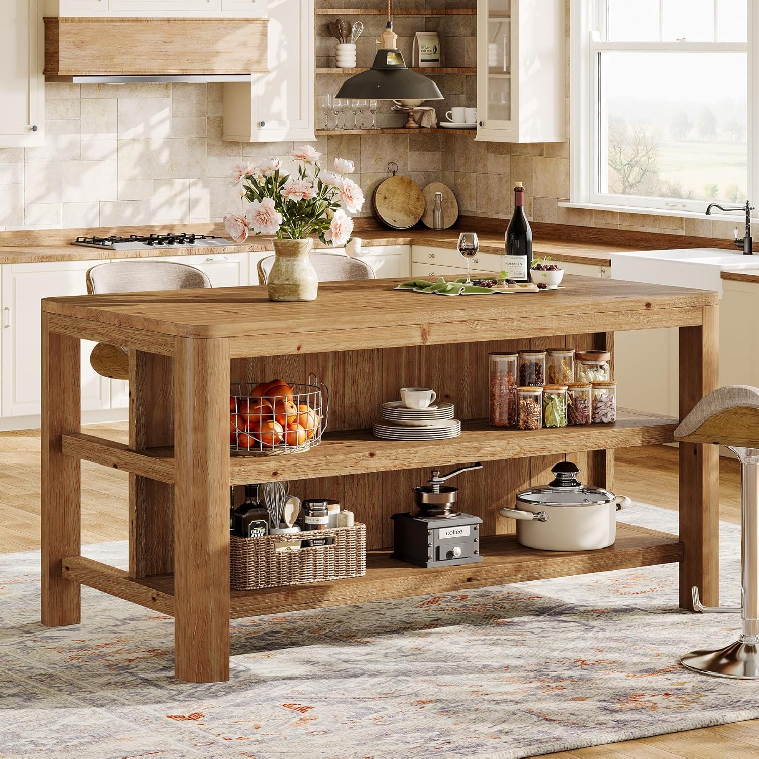 63-Inch Solid Wood Kitchen Island with Storage Shelves, Farmhouse Island Table with Seating, Counter Height Bar Table for Dining Room, Kitchen, Easy to Assemble, Natural Wood