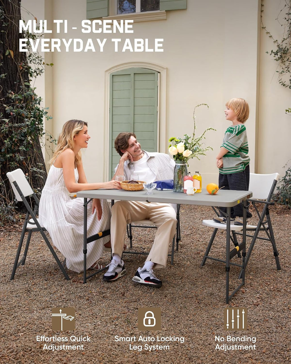 FanttikOutdoor Folding Table 4 Foot, Effortless Quick Adjustable Height Foldable Small Card Table, Fixing Lock, Stable for Party Dining Events Picnic Indoor Outdoor Camping, 1 Pack, Zeta X4 Pro White