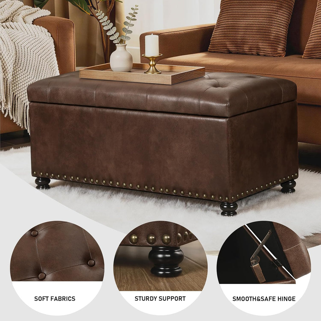 Joveco Storage Ottoman Bench 35" Faux-Leather Rectangular Tufted Ottomans Storage Room Organizer (Caramel)