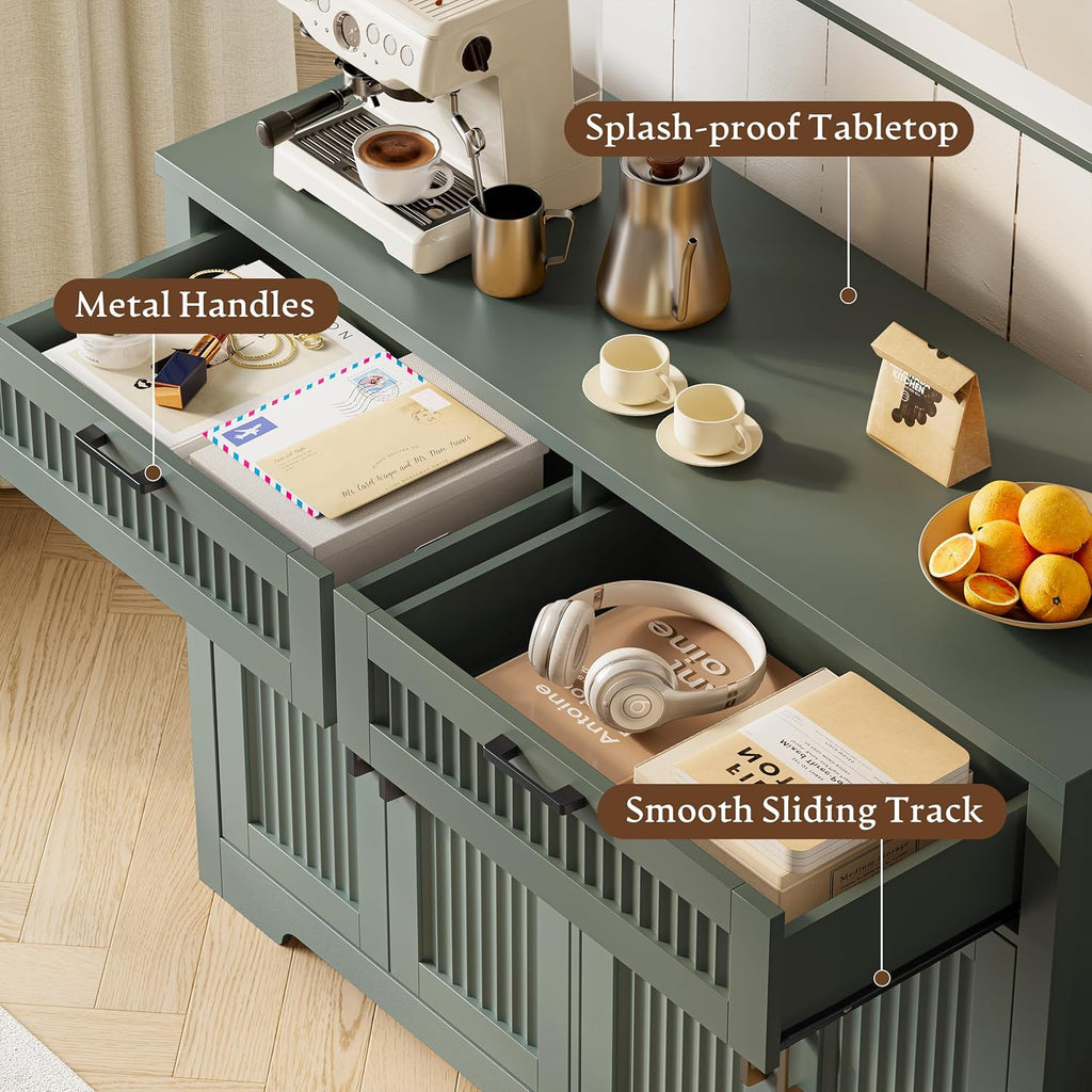 Fluted Buffet Sideboard Cabinet with Storages, Modern Buffet Table with 2 Drawers & 4 Doors, Wood Coffee Bar Console Table with Adjustable Shelves for Kitchen, Living Room, Dining Room, Green