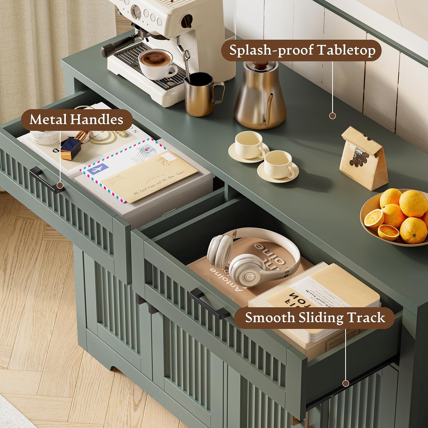 Fluted Buffet Sideboard Cabinet with Storages, Modern Buffet Table with 2 Drawers & 4 Doors, Wood Coffee Bar Console Table with Adjustable Shelves for Kitchen, Living Room, Dining Room, Green